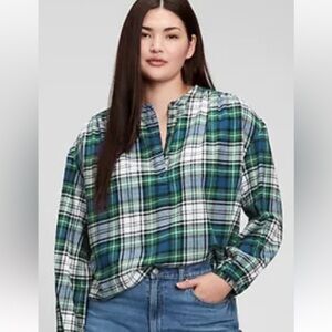 GAP Shirred Henley Top * Cotton Plaid Flannel * Size Large